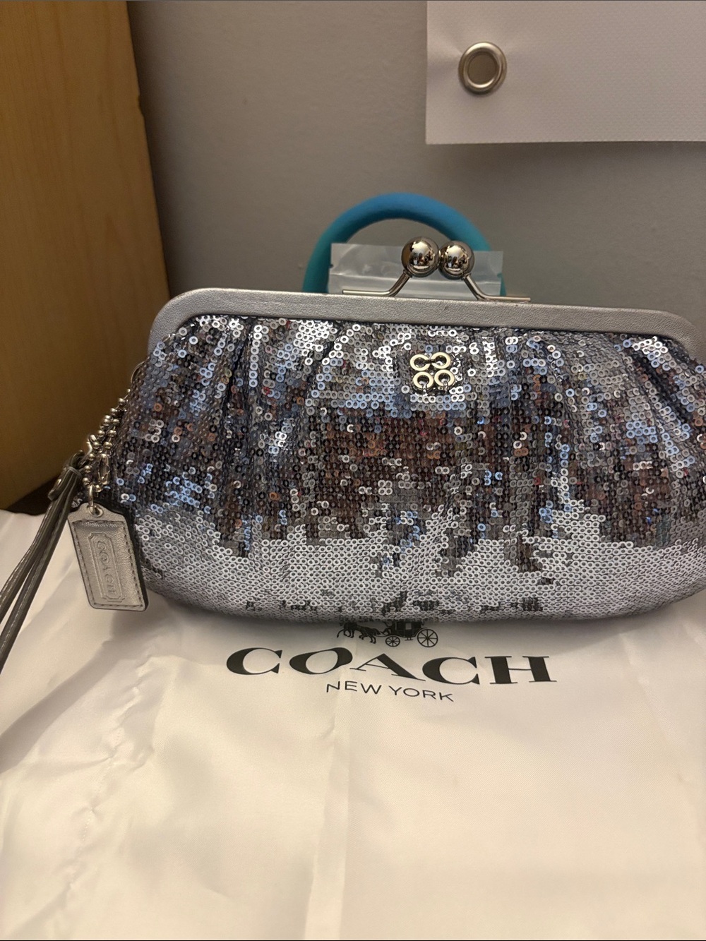 Coach Silver Sequin Kiss-Lock Wristlet Clutch